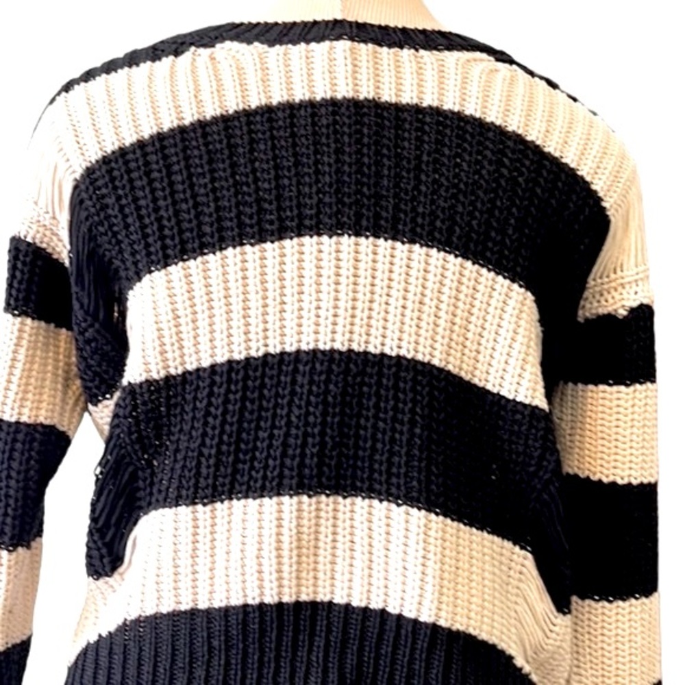 Sandro Stripe Distressed Knit Sweater, Black & Cream, size EU 2/Med, US 4-6 - Picture 13 of 16